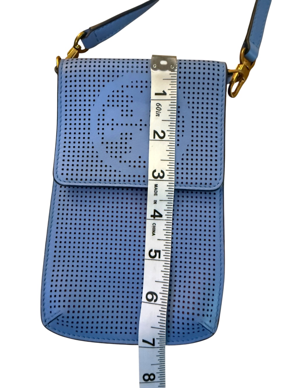 Tory Burch Logo Perforated Leather Crossbody Phone Bag w/ Dust Bag Montego  Blue - Picture 11 of 13
